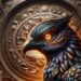 A close-up portrait of the Adarna bird, highlighting its intricate feather patterns, set against an ancient temple background.