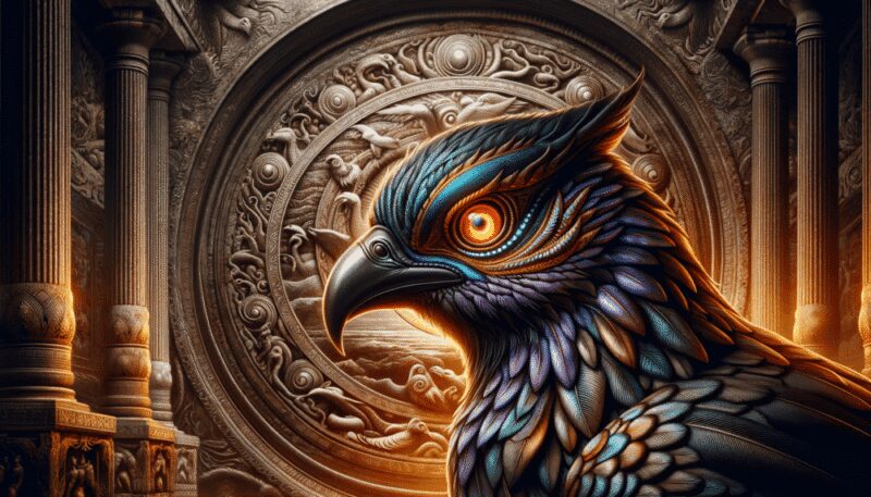 A close-up portrait of the Adarna bird, highlighting its intricate feather patterns, set against an ancient temple background.