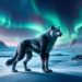 A solitary Adlet in a snowy Arctic landscape, with the Northern Lights (Aurora Borealis) illuminating the sky above. This image will emphasize the creature's half-human, half-canine appearance, with a focus on its powerful, muscular canine legs and human-like torso. The Adlet is portrayed in a poised stance, looking into the distance, conveying a sense of vigilance and strength.