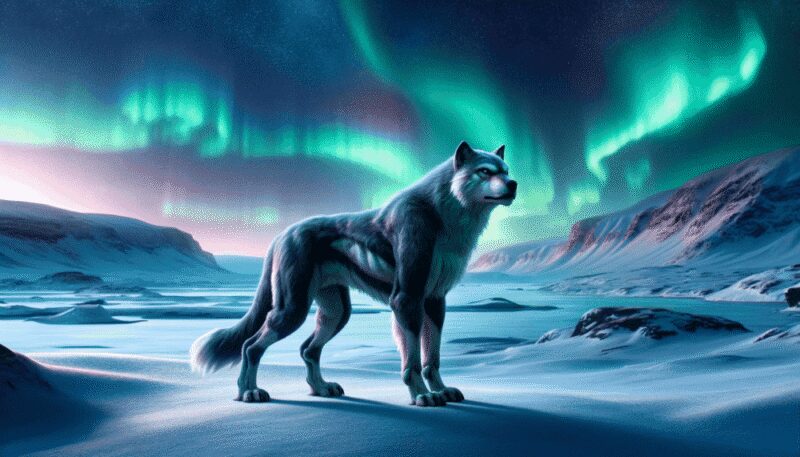 A solitary Adlet in a snowy Arctic landscape, with the Northern Lights (Aurora Borealis) illuminating the sky above. This image will emphasize the creature's half-human, half-canine appearance, with a focus on its powerful, muscular canine legs and human-like torso. The Adlet is portrayed in a poised stance, looking into the distance, conveying a sense of vigilance and strength.