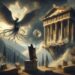 A mystical scene of Aello flying over the Temple of Delphi, her shadow cast upon the ancient ruins, with oracle's smoke in the background.