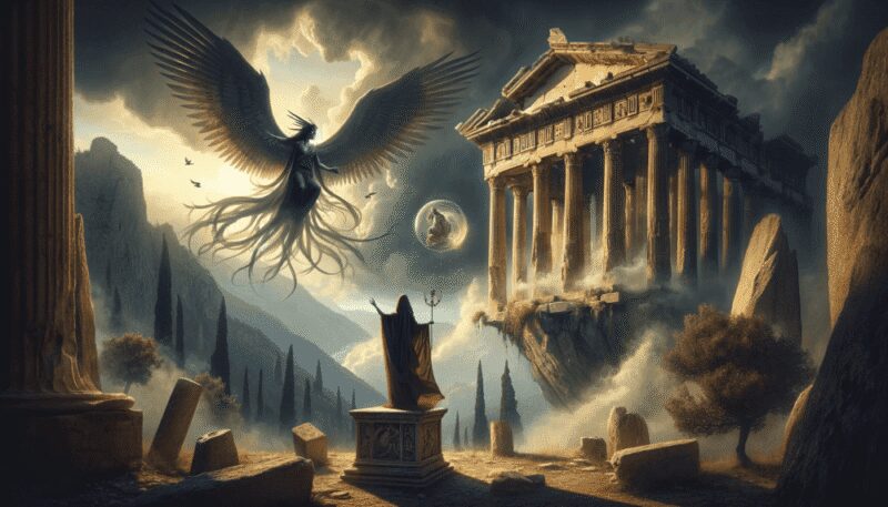 A mystical scene of Aello flying over the Temple of Delphi, her shadow cast upon the ancient ruins, with oracle's smoke in the background.