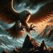 Illustrated in a dramatic scene at the top of Mount Caucasus, Aethon is shown with its wings spread wide, ready to descend upon Prometheus, who is chained to the mountain. The stormy skies and rugged terrain accentuate the eagle's formidable presence, highlighting the intense moment of Zeus's punishment in the myth.