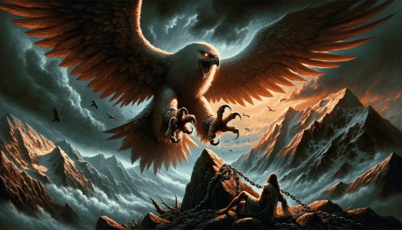Illustrated in a dramatic scene at the top of Mount Caucasus, Aethon is shown with its wings spread wide, ready to descend upon Prometheus, who is chained to the mountain. The stormy skies and rugged terrain accentuate the eagle's formidable presence, highlighting the intense moment of Zeus's punishment in the myth.