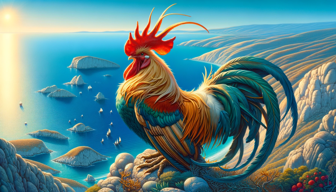 Shown on a coastal cliff, Alectryon's splendid feathers shimmer in the sunlight. Standing majestically with the vast blue sea and distant islands in the background, the serene scene with a gentle sea breeze embodies Alectryon's role as a symbol of awakening and the new day against the backdrop of the Greek coastline.