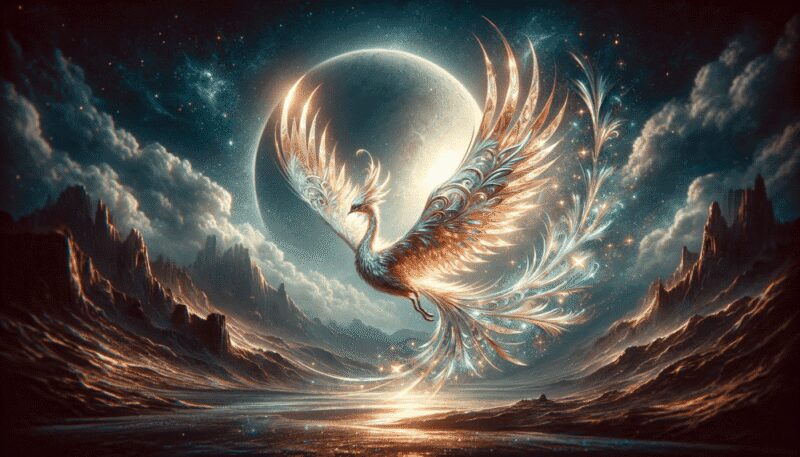 A shimmering image of the Alicanto flying over a moonlit desert landscape, reflecting light and creating a mystical aura.