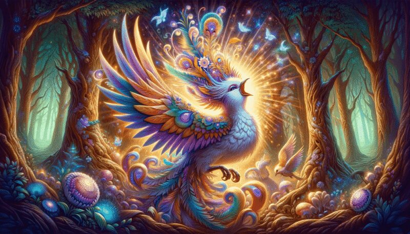 A mystical depiction of the Alkonost singing in a magical forest, surrounded by ethereal light and enchanted creatures.