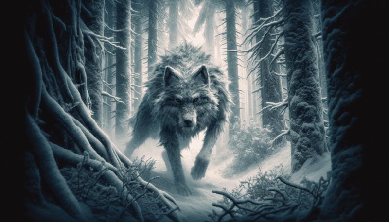 This image captures the Amarok in the midst of hunting, showcasing its predatory skills. The scene is set in a dense, snow-covered forest, with the Amarok stealthily stalking its prey. Its fur blends with the winter environment, demonstrating its adaptability and prowess as a hunter.