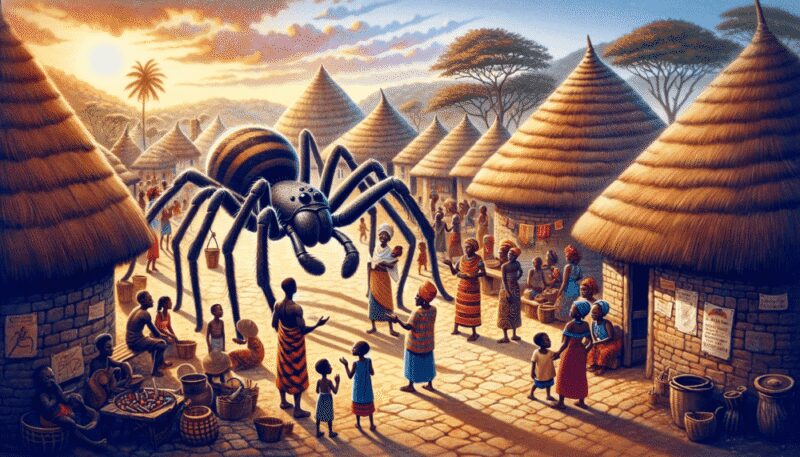 Portrayed in a magical forest, Anansi weaves a golden web between trees under the gaze of various forest creatures. The enchanted forest features luminescent plants and sparkling streams.