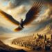 A majestic image of the Anqa soaring above an ancient city, its wings casting a shadow over the buildings, set against a dramatic desert landscape.