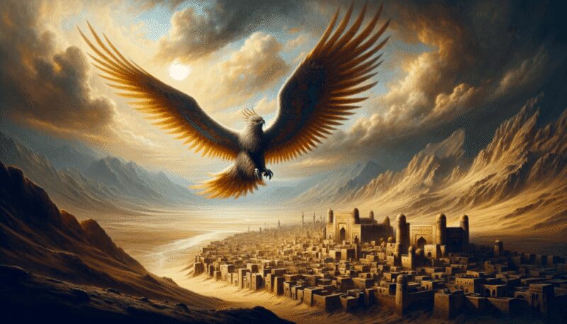 A majestic image of the Anqa soaring above an ancient city, its wings casting a shadow over the buildings, set against a dramatic desert landscape.