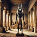 Anubis is depicted in a grand temple setting, surrounded by hieroglyphics and ancient artifacts. He stands tall, with the head of a jackal and the body of a man, symbolizing his role as a guide to the afterlife. The temple is adorned with motifs of life and death, emphasizing Anubis's connection to the cycle of existence.