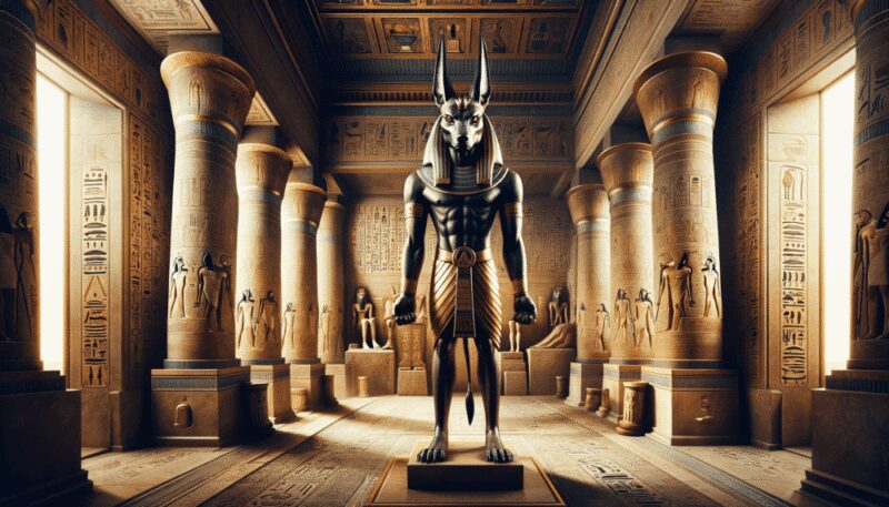 Anubis is depicted in a grand temple setting, surrounded by hieroglyphics and ancient artifacts. He stands tall, with the head of a jackal and the body of a man, symbolizing his role as a guide to the afterlife. The temple is adorned with motifs of life and death, emphasizing Anubis's connection to the cycle of existence.