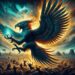 A dramatic illustration of the Anzû in battle, its talons and beak glowing with mystical energy, set against a chaotic ancient battlefield.