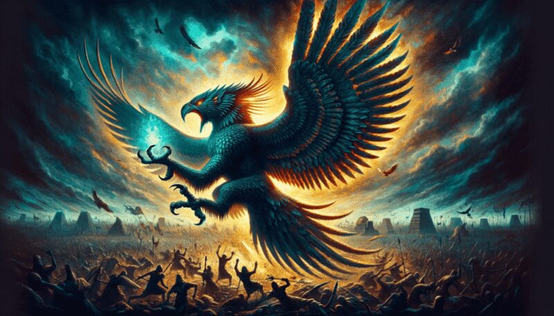A dramatic illustration of the Anzû in battle, its talons and beak glowing with mystical energy, set against a chaotic ancient battlefield.