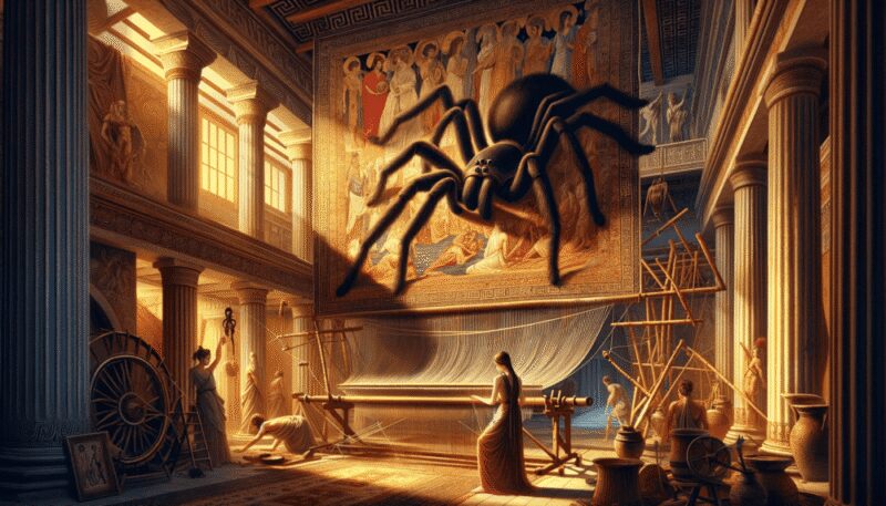 This scene portrays Arachne in her human form, with subtle spider-like features, engaged in weaving a magnificent tapestry. The tapestry features various gods and heroes, showcasing her exceptional skill. The setting is an ancient Greek workshop, complete with classical architecture and weaving tools. The warm lighting highlights Arachne and her intricate work, symbolizing the beginning of her transformation.