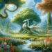 The Aralez is depicted in a serene, lush landscape, symbolizing the creature's connection to nature and life. It's shown in a moment of tranquility, surrounded by blooming flowers and greenery, emphasizing its role as a healer and a bringer of life.