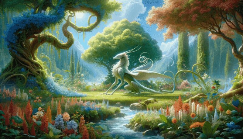 The Aralez is depicted in a serene, lush landscape, symbolizing the creature's connection to nature and life. It's shown in a moment of tranquility, surrounded by blooming flowers and greenery, emphasizing its role as a healer and a bringer of life.