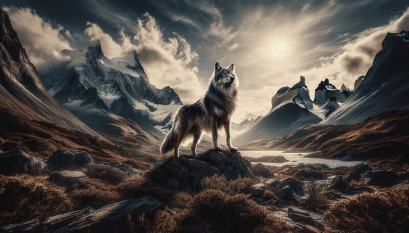 Asena is depicted in a majestic and powerful form on a rugged mountainous landscape, symbolizing her strength and freedom. The landscape is vast and wild, mirroring Asena's untamed nature. This scene emphasizes her role as a symbol of leadership and resilience.