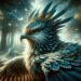 A close-up image of the Avalerion, showcasing its detailed feathers and intense gaze, set against a mystical forest backdrop.