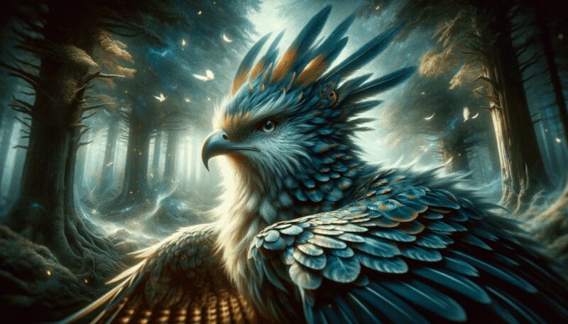 A close-up image of the Avalerion, showcasing its detailed feathers and intense gaze, set against a mystical forest backdrop.
