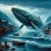 The Bake-kujira is shown emerging from the sea near a traditional Japanese village. The eerie scene features mist rolling in from the ocean, with villagers gazing in awe and fear at the ghostly apparition, capturing its mysterious and ominous presence.