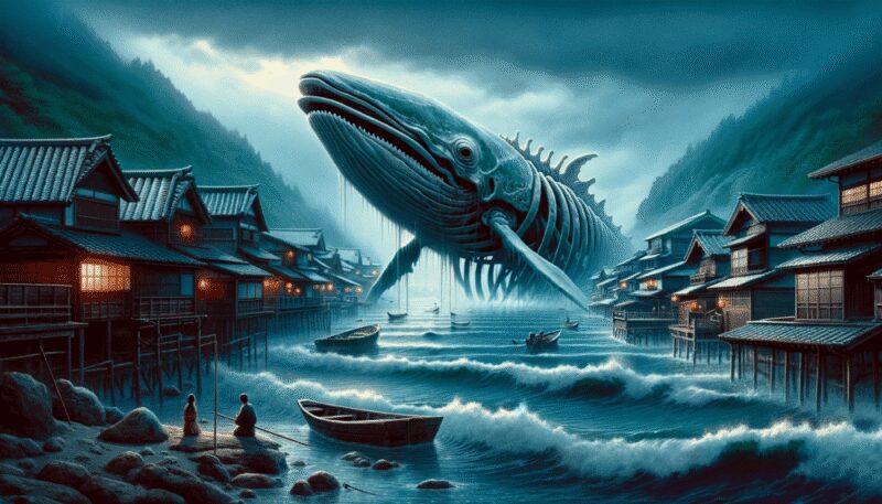 The Bake-kujira is shown emerging from the sea near a traditional Japanese village. The eerie scene features mist rolling in from the ocean, with villagers gazing in awe and fear at the ghostly apparition, capturing its mysterious and ominous presence.