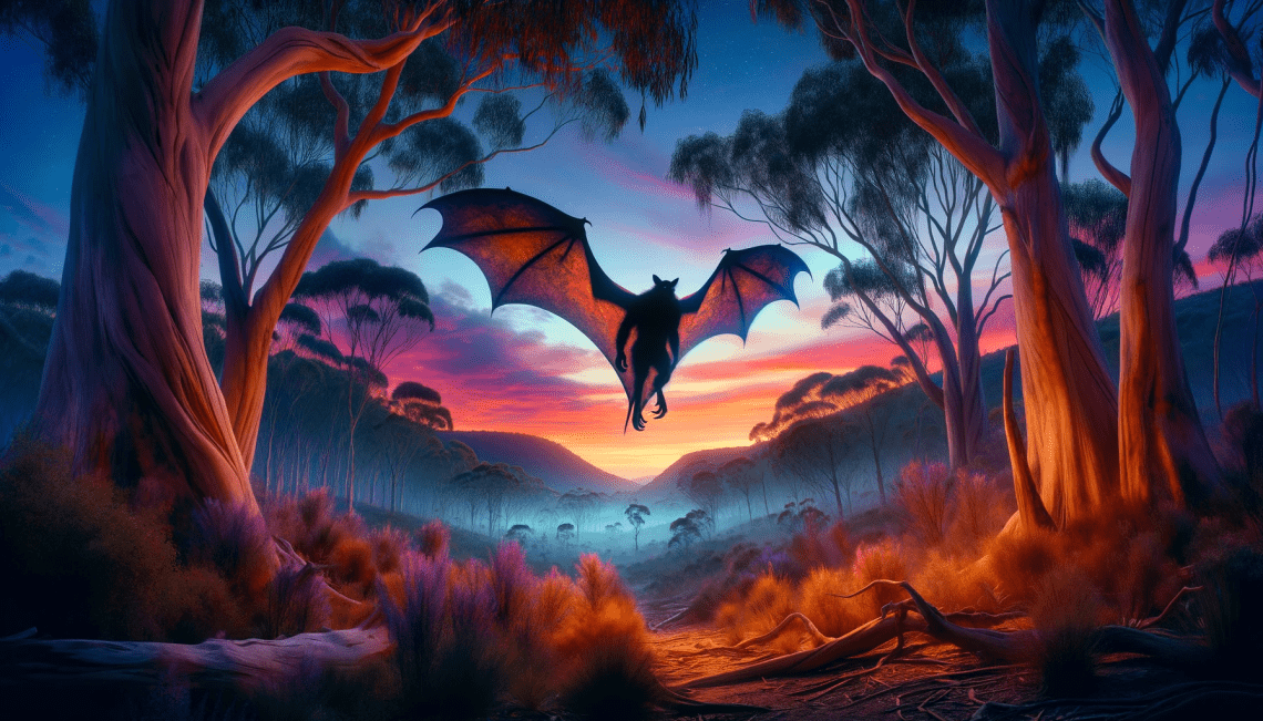 Set in a mystical Australian bushland at twilight, the Balayang is portrayed as a large bat with expansive wings and humanoid features. Soaring against the setting sun, it embodies the spirit of the bush, connecting the natural world with the spiritual realm in Aboriginal stories.