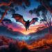 Set in a mystical Australian bushland at twilight, the Balayang is portrayed as a large bat with expansive wings and humanoid features. Soaring against the setting sun, it embodies the spirit of the bush, connecting the natural world with the spiritual realm in Aboriginal stories.