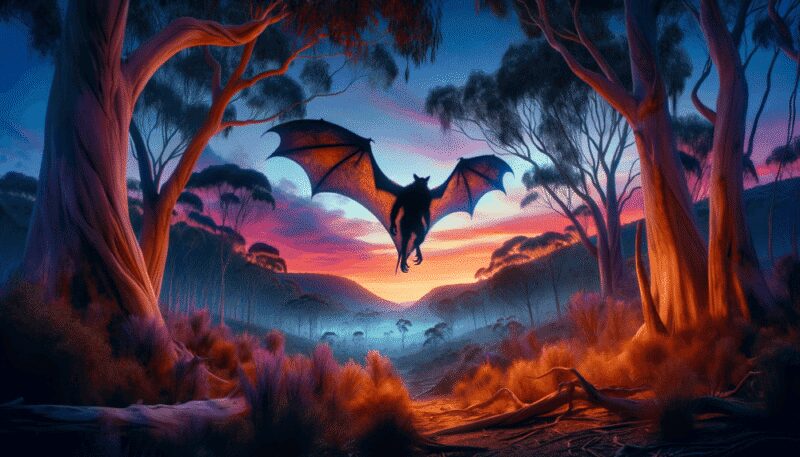 Set in a mystical Australian bushland at twilight, the Balayang is portrayed as a large bat with expansive wings and humanoid features. Soaring against the setting sun, it embodies the spirit of the bush, connecting the natural world with the spiritual realm in Aboriginal stories.