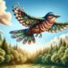 A whimsical image of the Bare-fronted Hoodwink in flight, showcasing its unique wing patterns and vibrant colors against a clear sky over a lush forest.