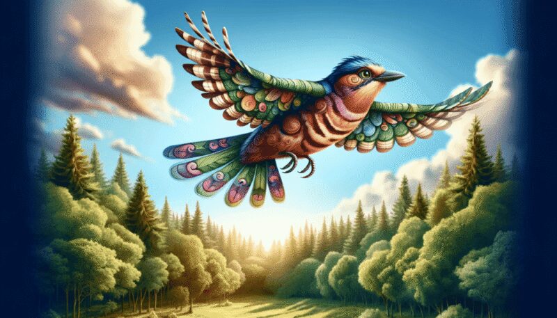 A whimsical image of the Bare-fronted Hoodwink in flight, showcasing its unique wing patterns and vibrant colors against a clear sky over a lush forest.