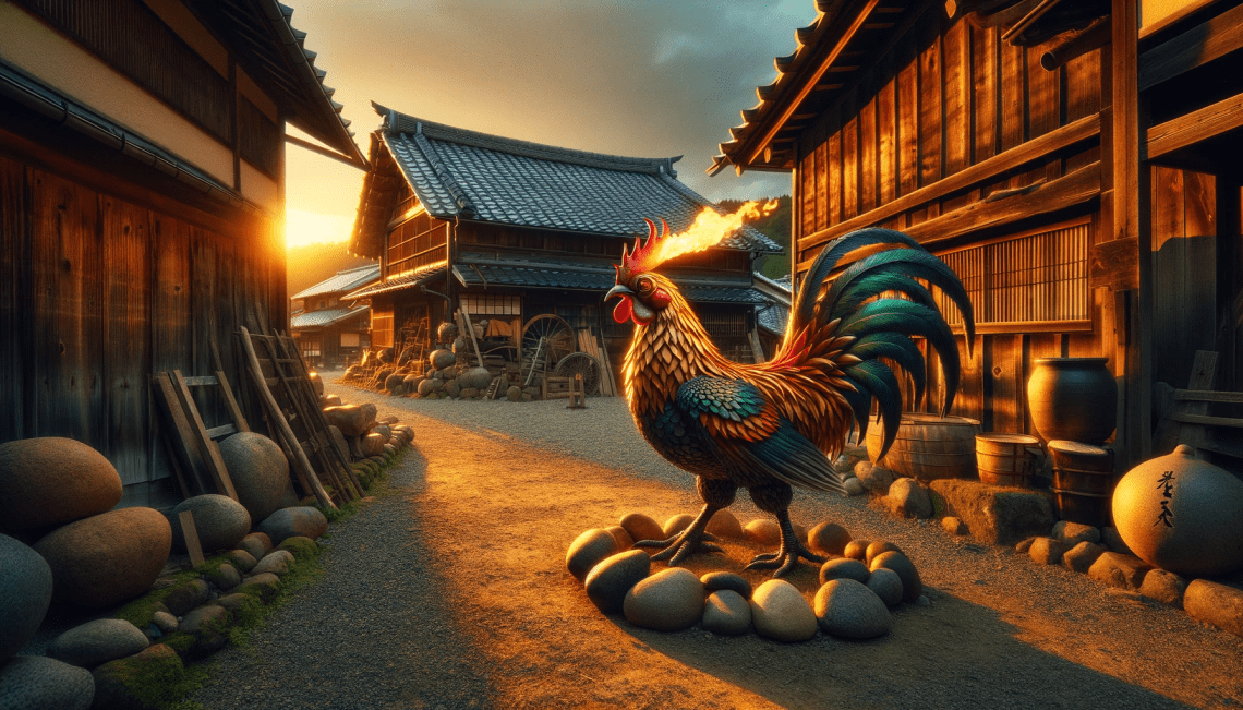 The mythical fire-breathing chicken from Japanese folklore is depicted in a rural Japanese village. Standing in a traditional farmyard, Basan's vibrant plumage contrasts with the rustic wooden houses and stone paths. The setting sun casts a warm glow, highlighting Basan's fiery nature and connection to rural Japanese culture.