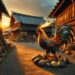 The mythical fire-breathing chicken from Japanese folklore is depicted in a rural Japanese village. Standing in a traditional farmyard, Basan's vibrant plumage contrasts with the rustic wooden houses and stone paths. The setting sun casts a warm glow, highlighting Basan's fiery nature and connection to rural Japanese culture.