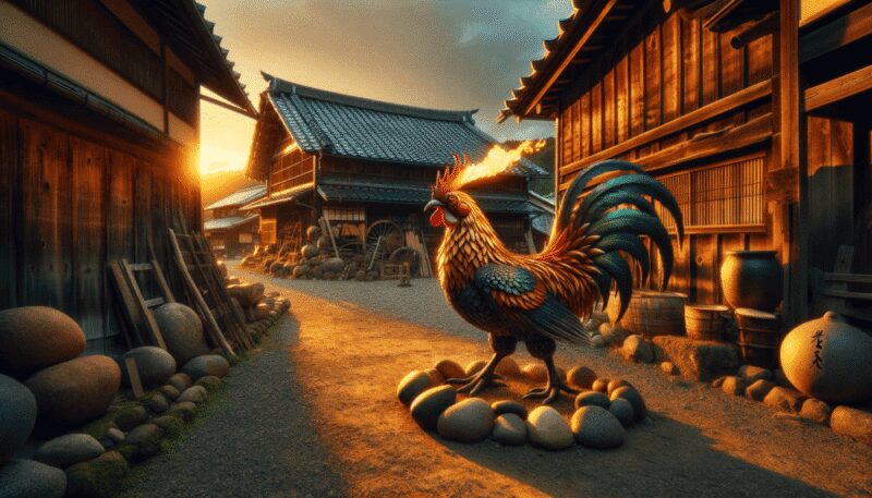 The mythical fire-breathing chicken from Japanese folklore is depicted in a rural Japanese village. Standing in a traditional farmyard, Basan's vibrant plumage contrasts with the rustic wooden houses and stone paths. The setting sun casts a warm glow, highlighting Basan's fiery nature and connection to rural Japanese culture.