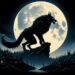 In this scene, the Beast is depicted standing on a rocky hill during a moonlit night, overlooking a small village. The wolf's large size and glowing yellow eyes stand out against the bright moon, casting a shadow over the village in partial darkness, symbolizing the terror it instilled in the villagers.