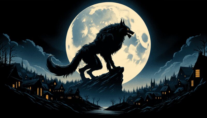In this scene, the Beast is depicted standing on a rocky hill during a moonlit night, overlooking a small village. The wolf's large size and glowing yellow eyes stand out against the bright moon, casting a shadow over the village in partial darkness, symbolizing the terror it instilled in the villagers.