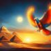 Bennu is depicted flying above the ancient pyramids of Giza at sunrise. Its plumage, in gold and fiery red hues, symbolizes its connection to the sun. The early morning light casts a golden glow on the pyramids, contrasting with the vibrant colors of Bennu, whose outstretched wings and wise eyes capture the essence of wisdom and eternity.