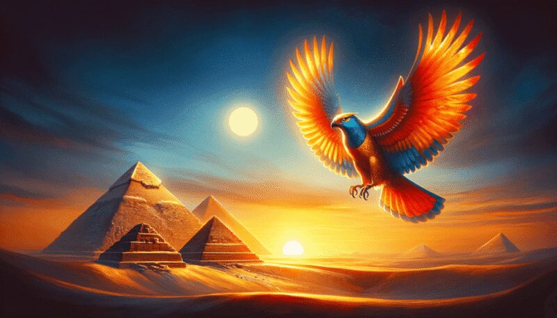 Bennu is depicted flying above the ancient pyramids of Giza at sunrise. Its plumage, in gold and fiery red hues, symbolizes its connection to the sun. The early morning light casts a golden glow on the pyramids, contrasting with the vibrant colors of Bennu, whose outstretched wings and wise eyes capture the essence of wisdom and eternity.