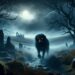 This image portrays the Black Dog emerging from the fog on a desolate moorland. The setting is nocturnal, under a full moon, enhancing the creature's menacing presence with its shaggy black fur and glowing red eyes. Ancient ruins and bare trees in the background contribute to the eerie and foreboding atmosphere.