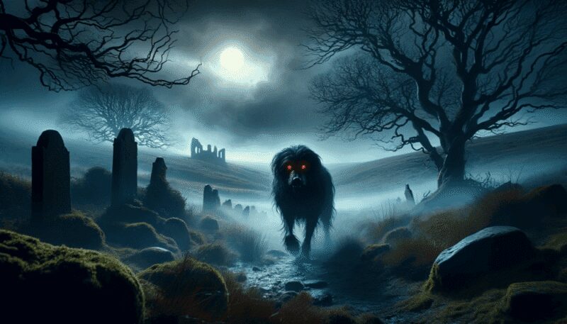 This image portrays the Black Dog emerging from the fog on a desolate moorland. The setting is nocturnal, under a full moon, enhancing the creature's menacing presence with its shaggy black fur and glowing red eyes. Ancient ruins and bare trees in the background contribute to the eerie and foreboding atmosphere.