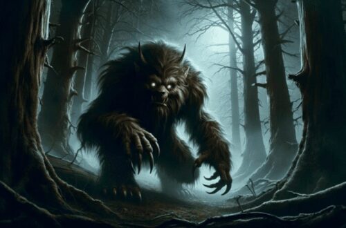 In a dense, shadowy forest, under the cloak of night, a menacing bugbear is depicted. Its shaggy, dark brown fur blends with the misty, gnarled trees, while its glowing amber eyes pierce the darkness. Poised to pounce, the bugbear's large, sharp claws and fierce expression are highlighted by the eerie moonlight filtering through the canopy. This image captures the suspense and ominous stealth of the bugbear as a predatory figure.