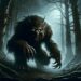 In a dense, shadowy forest, under the cloak of night, a menacing bugbear is depicted. Its shaggy, dark brown fur blends with the misty, gnarled trees, while its glowing amber eyes pierce the darkness. Poised to pounce, the bugbear's large, sharp claws and fierce expression are highlighted by the eerie moonlight filtering through the canopy. This image captures the suspense and ominous stealth of the bugbear as a predatory figure.