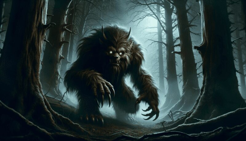 In a dense, shadowy forest, under the cloak of night, a menacing bugbear is depicted. Its shaggy, dark brown fur blends with the misty, gnarled trees, while its glowing amber eyes pierce the darkness. Poised to pounce, the bugbear's large, sharp claws and fierce expression are highlighted by the eerie moonlight filtering through the canopy. This image captures the suspense and ominous stealth of the bugbear as a predatory figure.