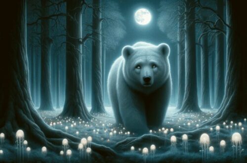 This image portrays Callisto as a majestic bear, wandering in a moonlit forest after her transformation. Her silver-grey fur gleams under the moon's glow, highlighting her noble and longing expression, which hints at her human past and connection to Artemis. The forest, dense with ancient trees and covered with moonflowers, creates a mystical setting that reflects Callisto's enchantment and her enduring grace.