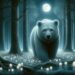 This image portrays Callisto as a majestic bear, wandering in a moonlit forest after her transformation. Her silver-grey fur gleams under the moon's glow, highlighting her noble and longing expression, which hints at her human past and connection to Artemis. The forest, dense with ancient trees and covered with moonflowers, creates a mystical setting that reflects Callisto's enchantment and her enduring grace.