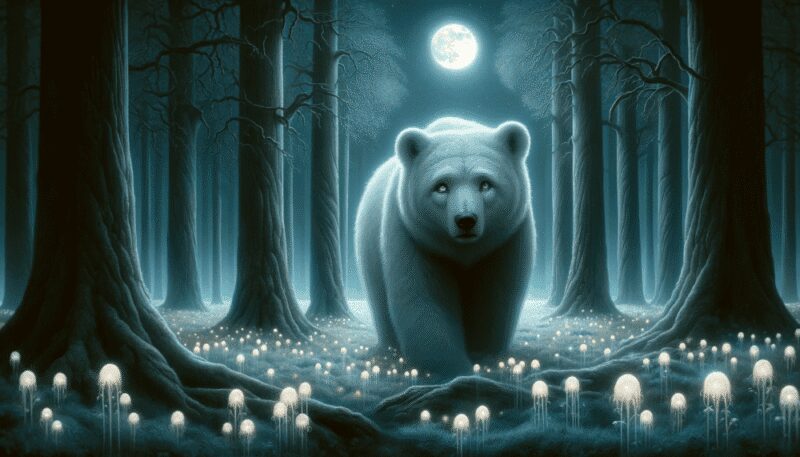 This image portrays Callisto as a majestic bear, wandering in a moonlit forest after her transformation. Her silver-grey fur gleams under the moon's glow, highlighting her noble and longing expression, which hints at her human past and connection to Artemis. The forest, dense with ancient trees and covered with moonflowers, creates a mystical setting that reflects Callisto's enchantment and her enduring grace.