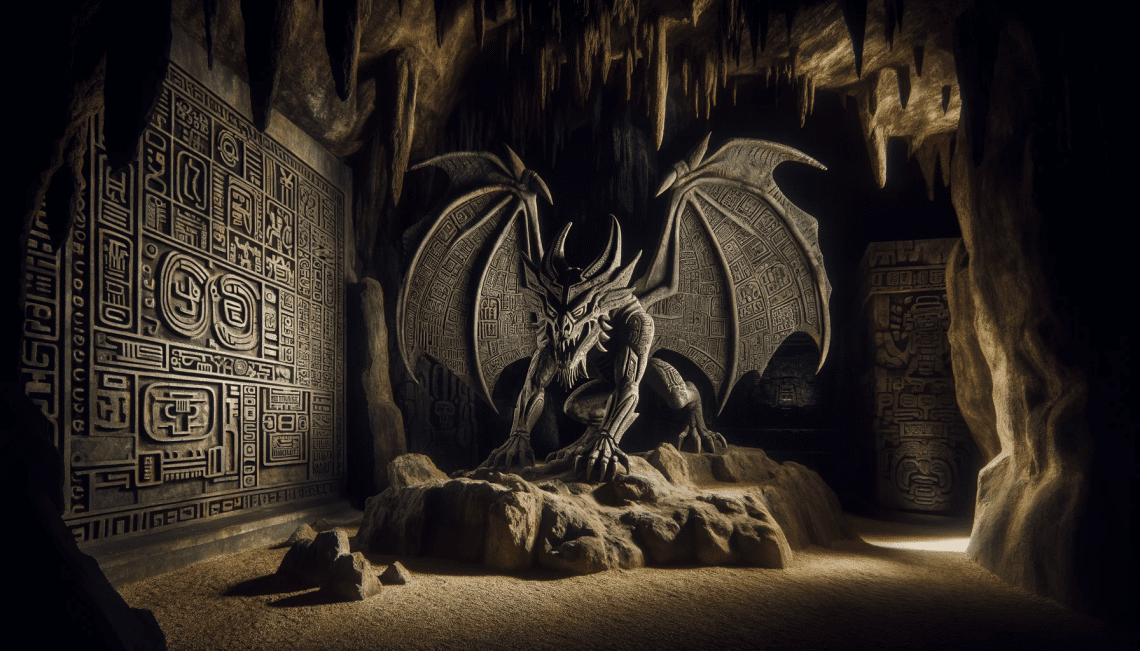 In a dark, ominous cave within the Mesoamerican jungles, Camazotz is depicted with the menacing features of a large bat. Perched atop a rocky formation, its presence in the cave, filled with ancient Mayan symbols, underscores its association with night, death, and the underworld, highlighting its fearsome and mystical nature.