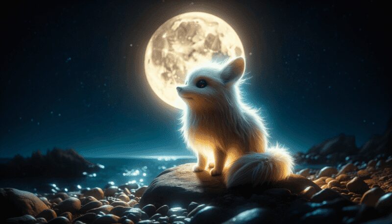 The Carbuncle is seen as a contemplative figure, sitting on a rocky shore under the full moon. Its luminous fur creates a stark contrast against the dark, starry night, and its eyes, reflective and thoughtful, seem to mirror the moon's light. This serene and peaceful depiction highlights the creature's deep connection with nature and the celestial bodies.