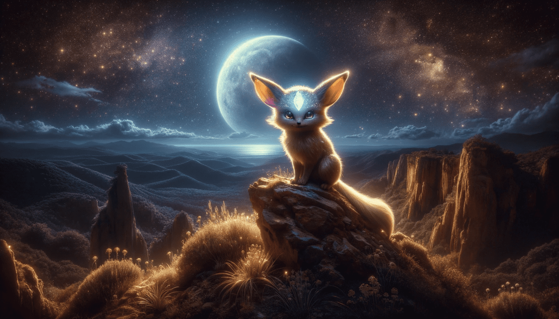 The Carbuncle is portrayed in a nocturnal setting, perched on a high cliff under a starry sky. Resembling a small, agile creature like a fox, its shimmering fur and radiant jewel light up the night, casting magical glows on the surrounding rocks and vegetation. The panoramic view of the night sky, complete with constellations and a bright full moon, adds a serene and enchanting quality to the scene.